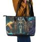 Amunet Ancient Temple Egyptian Leather Tote Bag with Golden Serpent Mythology in Teal Tones