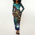 Amunet Ancient Temple Egyptian Long Sleeve Bodycon Dress with Golden Serpent Mythology in Teal Tones