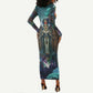 Amunet Ancient Temple Egyptian Long Sleeve Bodycon Dress with Golden Serpent Mythology in Teal Tones
