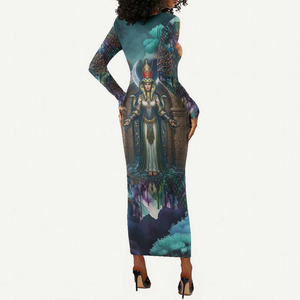 Amunet Ancient Temple Egyptian Long Sleeve Bodycon Dress with Golden Serpent Mythology in Teal Tones
