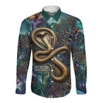 Amunet Ancient Temple Egyptian Long Sleeve Button Shirt with Golden Serpent Mythology in Teal Tones