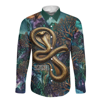 Amunet Ancient Temple Egyptian Long Sleeve Button Shirt with Golden Serpent Mythology in Teal Tones