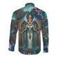 Amunet Ancient Temple Egyptian Long Sleeve Button Shirt with Golden Serpent Mythology in Teal Tones