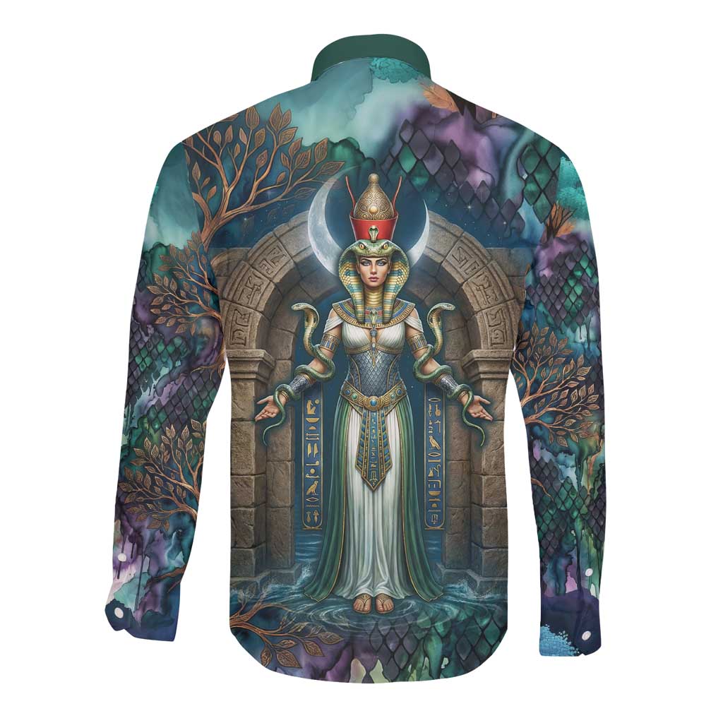 Amunet Ancient Temple Egyptian Long Sleeve Button Shirt with Golden Serpent Mythology in Teal Tones