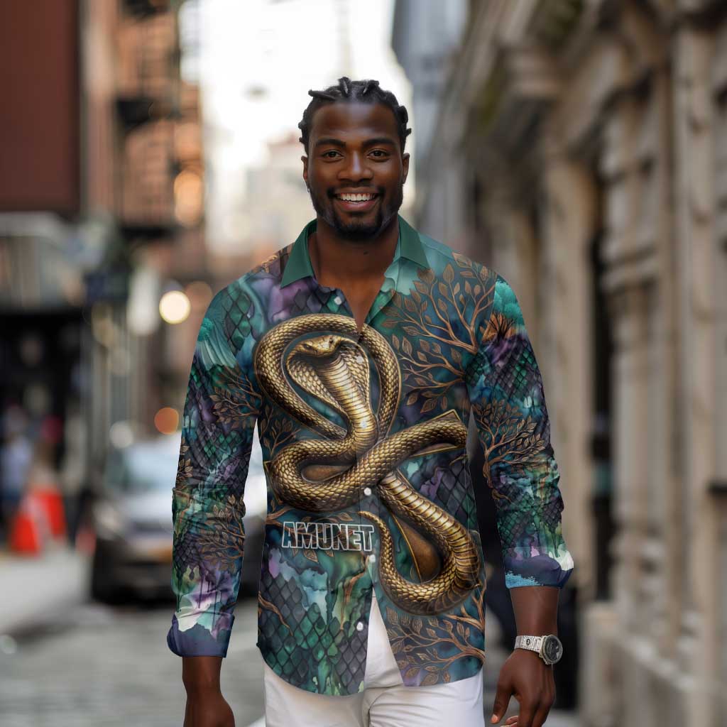 Amunet Ancient Temple Egyptian Long Sleeve Button Shirt with Golden Serpent Mythology in Teal Tones