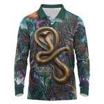 Amunet Ancient Temple Egyptian Long Sleeve Polo Shirt with Golden Serpent Mythology in Teal Tones