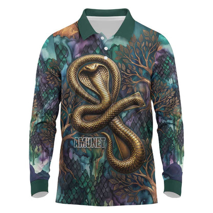 Amunet Ancient Temple Egyptian Long Sleeve Polo Shirt with Golden Serpent Mythology in Teal Tones