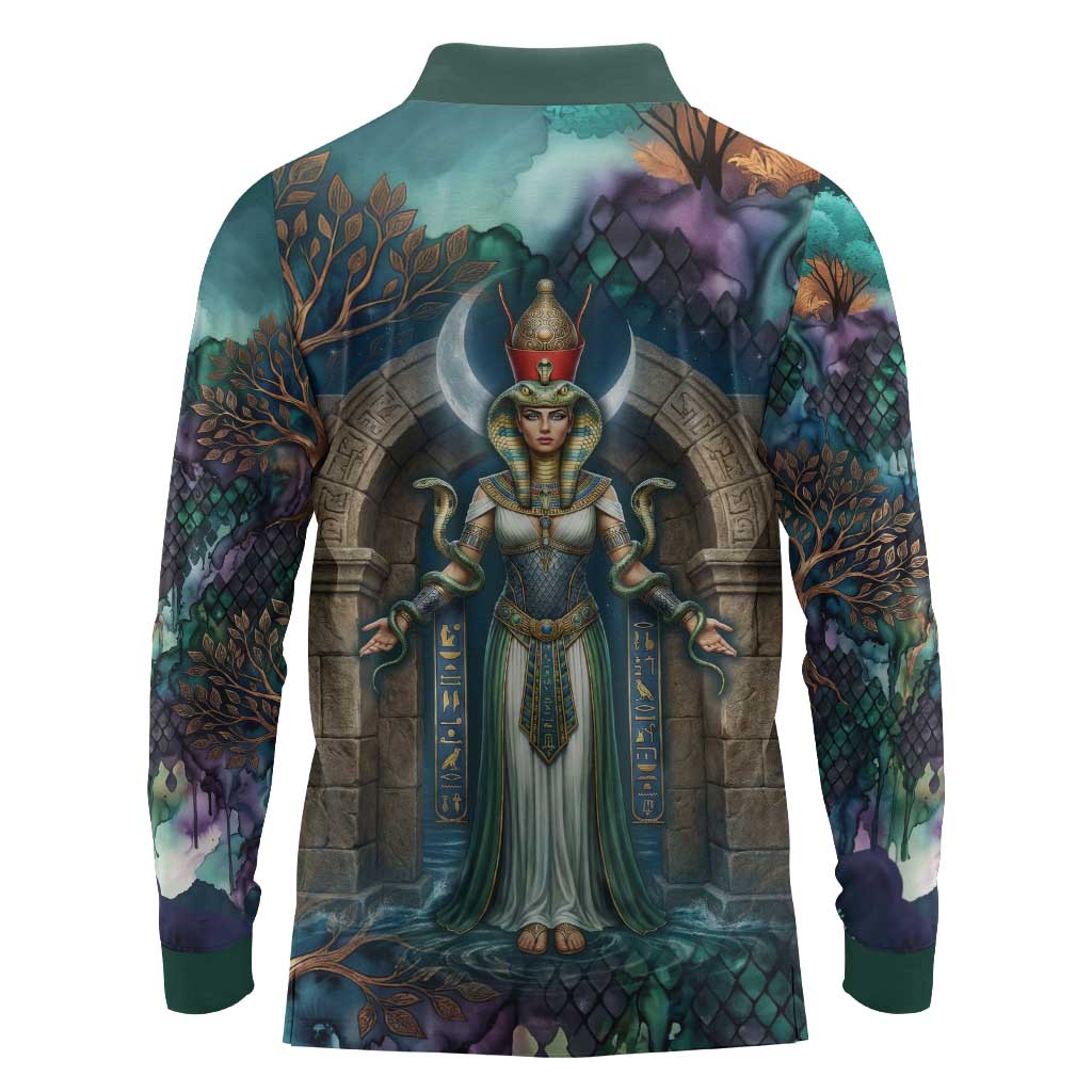 Amunet Ancient Temple Egyptian Long Sleeve Polo Shirt with Golden Serpent Mythology in Teal Tones