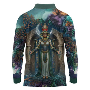 Amunet Ancient Temple Egyptian Long Sleeve Polo Shirt with Golden Serpent Mythology in Teal Tones