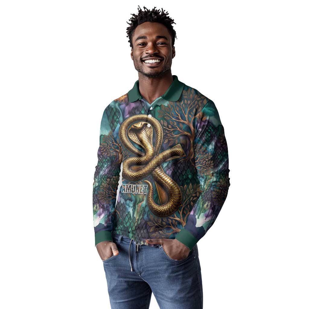 Amunet Ancient Temple Egyptian Long Sleeve Polo Shirt with Golden Serpent Mythology in Teal Tones