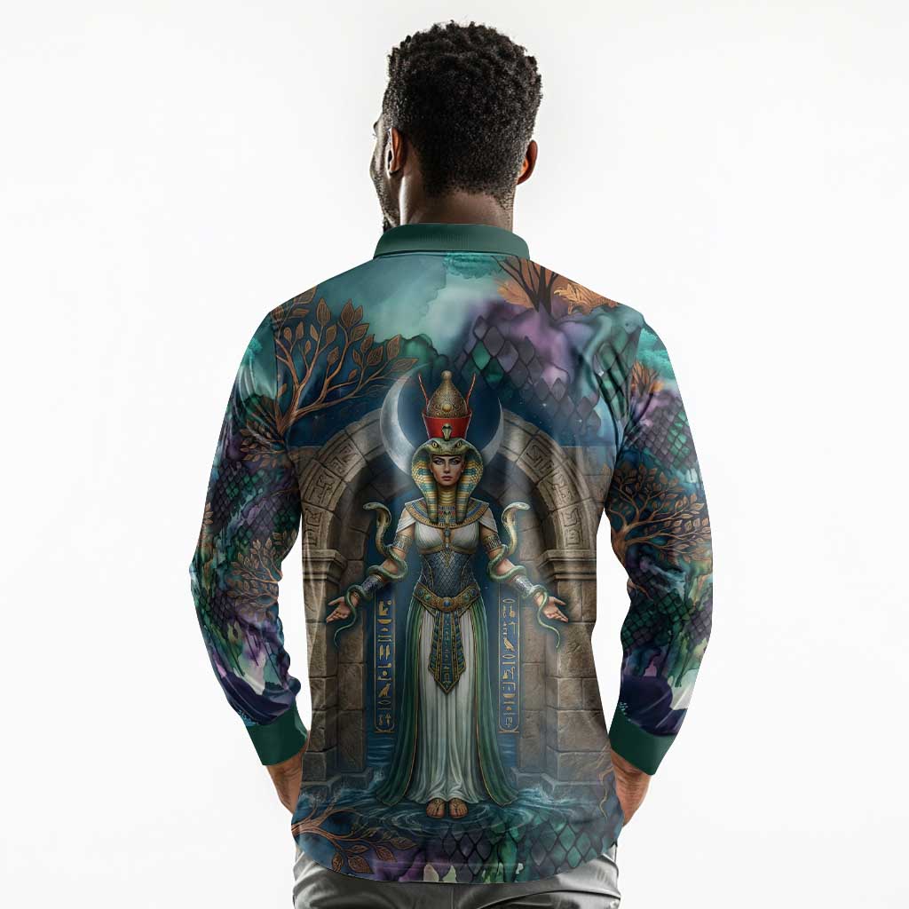 Amunet Ancient Temple Egyptian Long Sleeve Polo Shirt with Golden Serpent Mythology in Teal Tones
