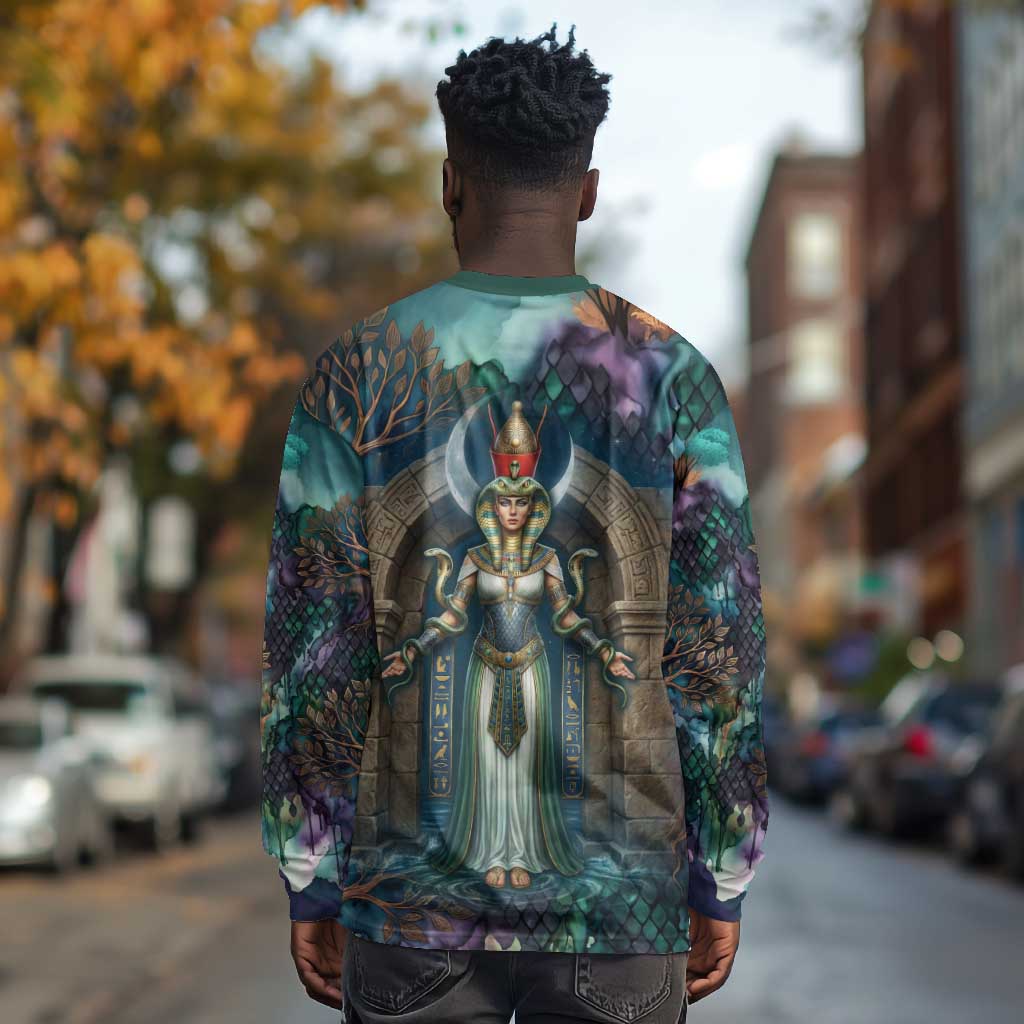 Amunet Ancient Temple Egyptian Long Sleeve Shirt with Golden Serpent Mythology in Teal Tones
