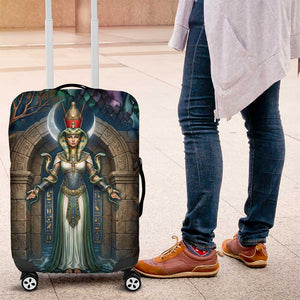 Amunet Ancient Temple Egyptian Luggage Cover with Golden Serpent Mythology in Teal Tones