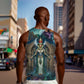Amunet Ancient Temple Egyptian Men Tank Top with Golden Serpent Mythology in Teal Tones