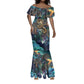 Amunet Ancient Temple Egyptian Mermaid Dress with Golden Serpent Mythology in Teal Tones