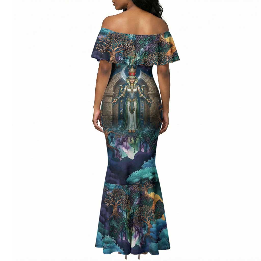 Amunet Ancient Temple Egyptian Mermaid Dress with Golden Serpent Mythology in Teal Tones