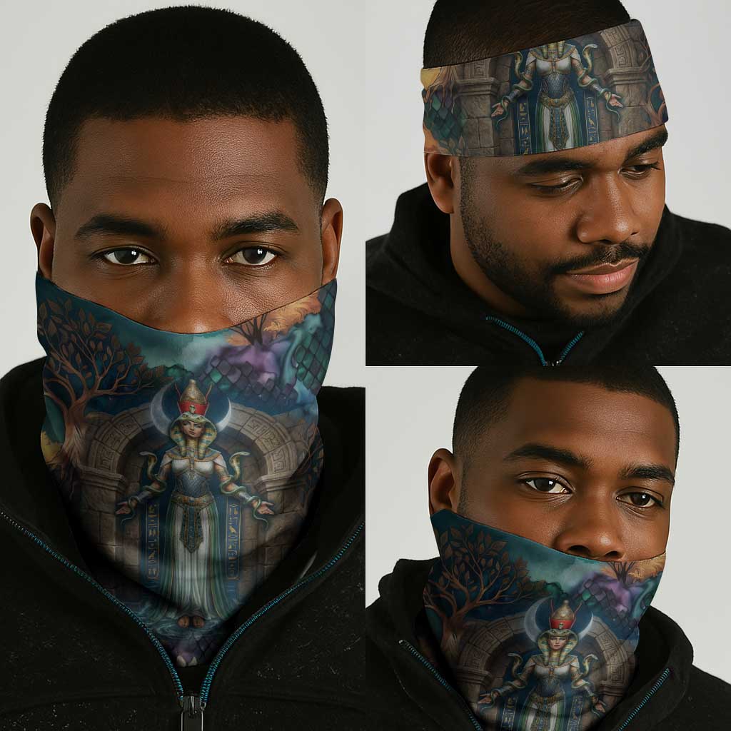 Amunet Ancient Temple Egyptian Neck Gaiter with Golden Serpent Mythology in Teal Tones