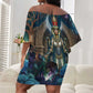 Amunet Ancient Temple Egyptian Off Shoulder Short Dress with Golden Serpent Mythology in Teal Tones
