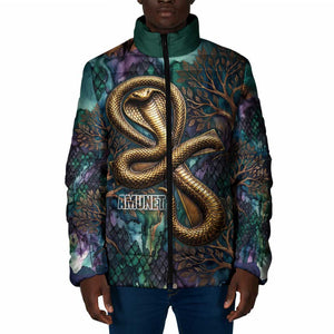 Amunet Ancient Temple Egyptian Padded Jacket with Golden Serpent Mythology in Teal Tones