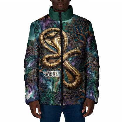 Amunet Ancient Temple Egyptian Padded Jacket with Golden Serpent Mythology in Teal Tones