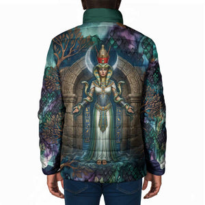 Amunet Ancient Temple Egyptian Padded Jacket with Golden Serpent Mythology in Teal Tones
