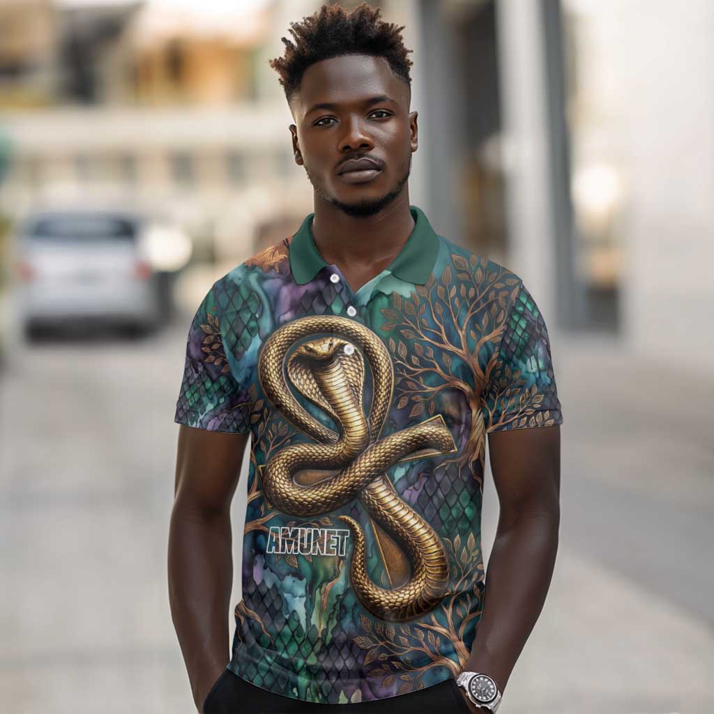 Amunet Ancient Temple Egyptian Polo Shirt with Golden Serpent Mythology in Teal Tones