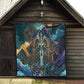 Amunet Ancient Temple Egyptian Quilt with Golden Serpent Mythology in Teal Tones