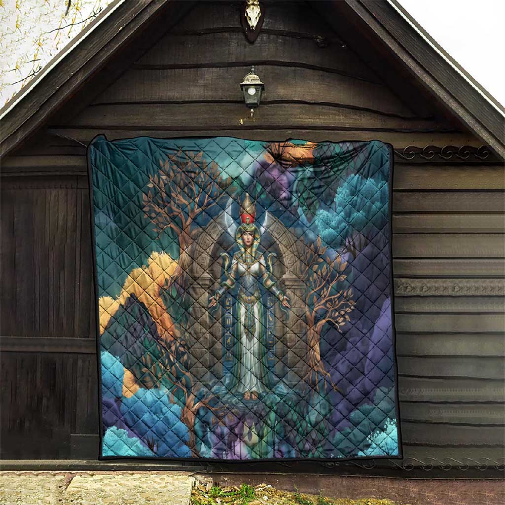 Amunet Ancient Temple Egyptian Quilt with Golden Serpent Mythology in Teal Tones