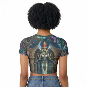 Amunet Ancient Temple Egyptian Raglan Cropped T shirt with Golden Serpent Mythology in Teal Tones