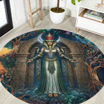 Amunet Ancient Temple Egyptian Round Carpet with Golden Serpent Mythology in Teal Tones