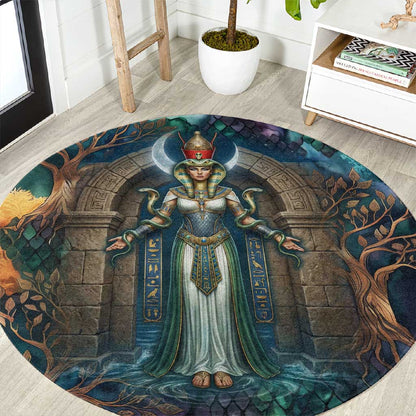 Amunet Ancient Temple Egyptian Round Carpet with Golden Serpent Mythology in Teal Tones