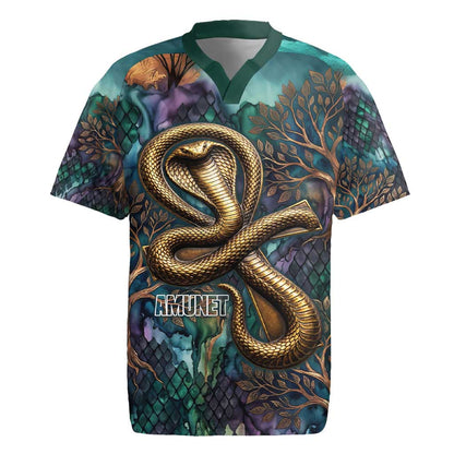 Amunet Ancient Temple Egyptian Rugby Jersey with Golden Serpent Mythology in Teal Tones