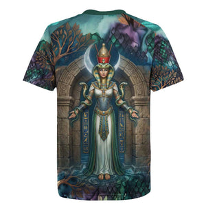 Amunet Ancient Temple Egyptian Rugby Jersey with Golden Serpent Mythology in Teal Tones