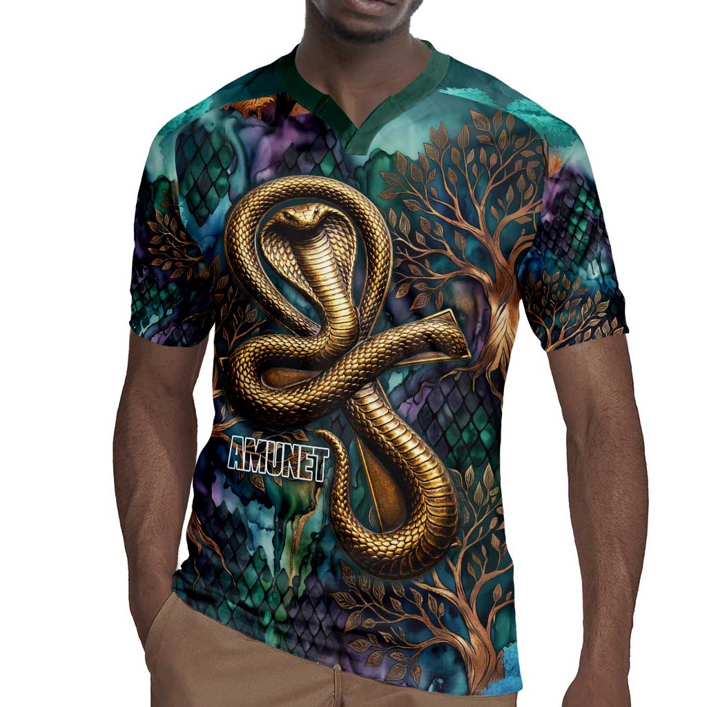 Amunet Ancient Temple Egyptian Rugby Jersey with Golden Serpent Mythology in Teal Tones