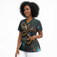 Amunet Ancient Temple Egyptian Scrub Top with Golden Serpent Mythology in Teal Tones
