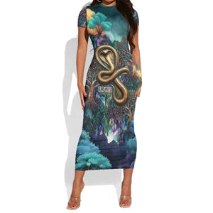 Amunet Ancient Temple Egyptian Short Sleeve Bodycon Dress with Golden Serpent Mythology in Teal Tones