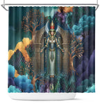 Amunet Ancient Temple Egyptian Shower Curtain with Golden Serpent Mythology in Teal Tones