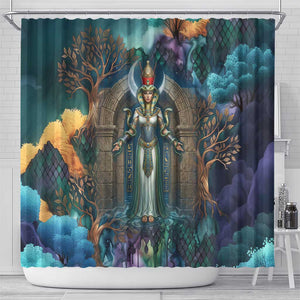 Amunet Ancient Temple Egyptian Shower Curtain with Golden Serpent Mythology in Teal Tones