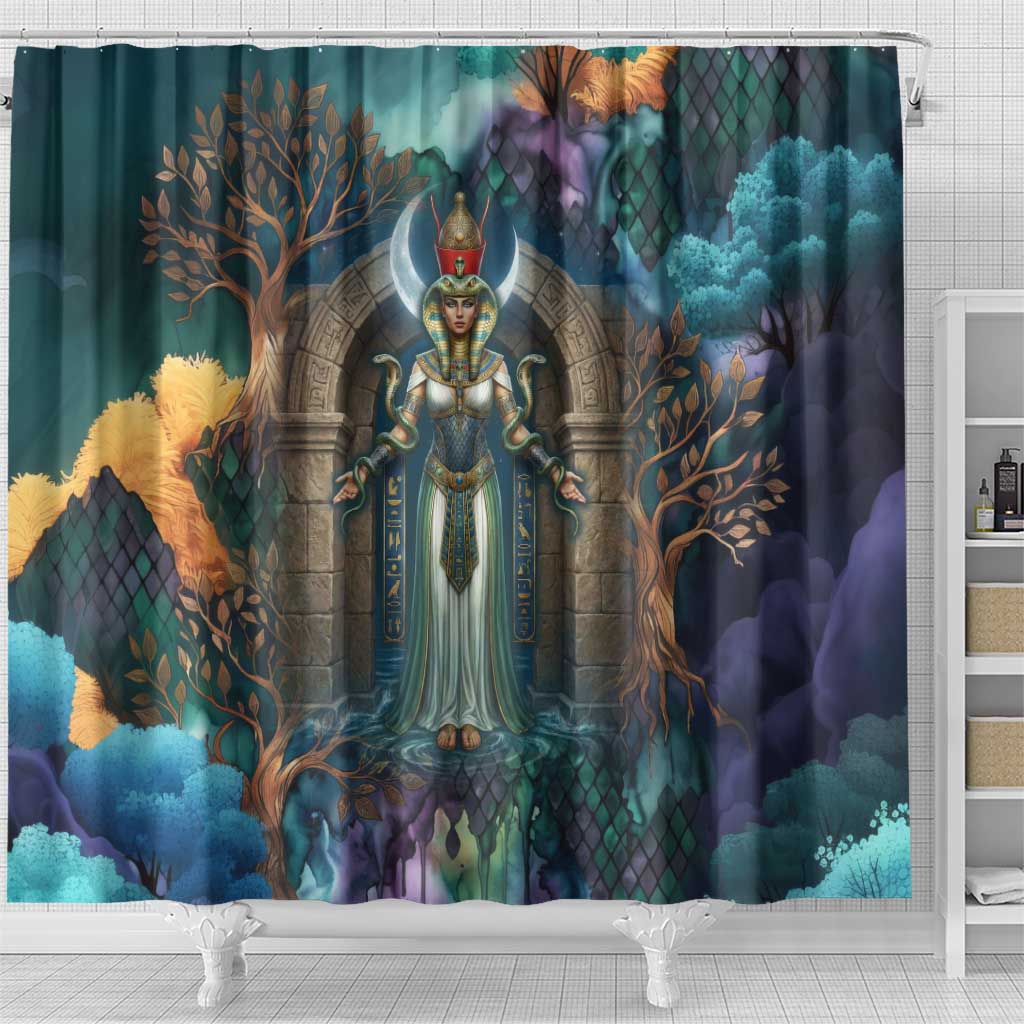 Amunet Ancient Temple Egyptian Shower Curtain with Golden Serpent Mythology in Teal Tones