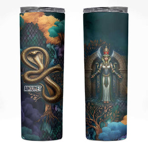 Amunet Ancient Temple Egyptian Skinny Tumbler with Golden Serpent Mythology in Teal Tones