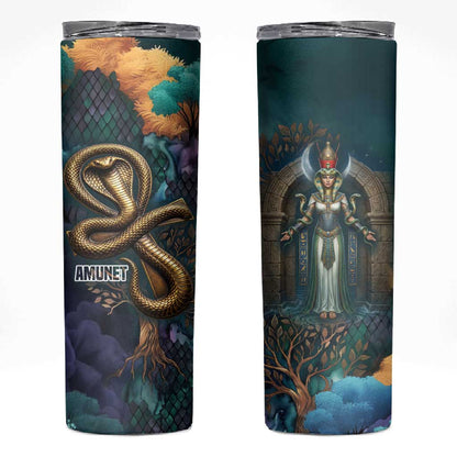 Amunet Ancient Temple Egyptian Skinny Tumbler with Golden Serpent Mythology in Teal Tones