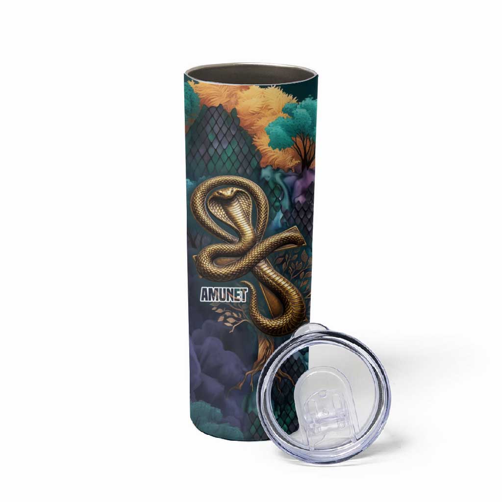 Amunet Ancient Temple Egyptian Skinny Tumbler with Golden Serpent Mythology in Teal Tones