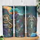 Amunet Ancient Temple Egyptian Skinny Tumbler with Golden Serpent Mythology in Teal Tones