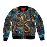Amunet Ancient Temple Egyptian Sleeve Zip Bomber Jacket with Golden Serpent Mythology in Teal Tones