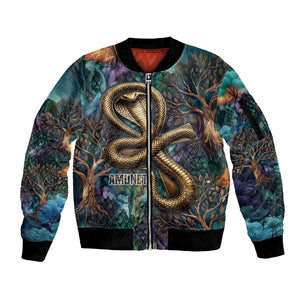 Amunet Ancient Temple Egyptian Sleeve Zip Bomber Jacket with Golden Serpent Mythology in Teal Tones