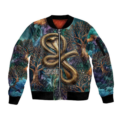Amunet Ancient Temple Egyptian Sleeve Zip Bomber Jacket with Golden Serpent Mythology in Teal Tones