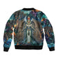 Amunet Ancient Temple Egyptian Sleeve Zip Bomber Jacket with Golden Serpent Mythology in Teal Tones