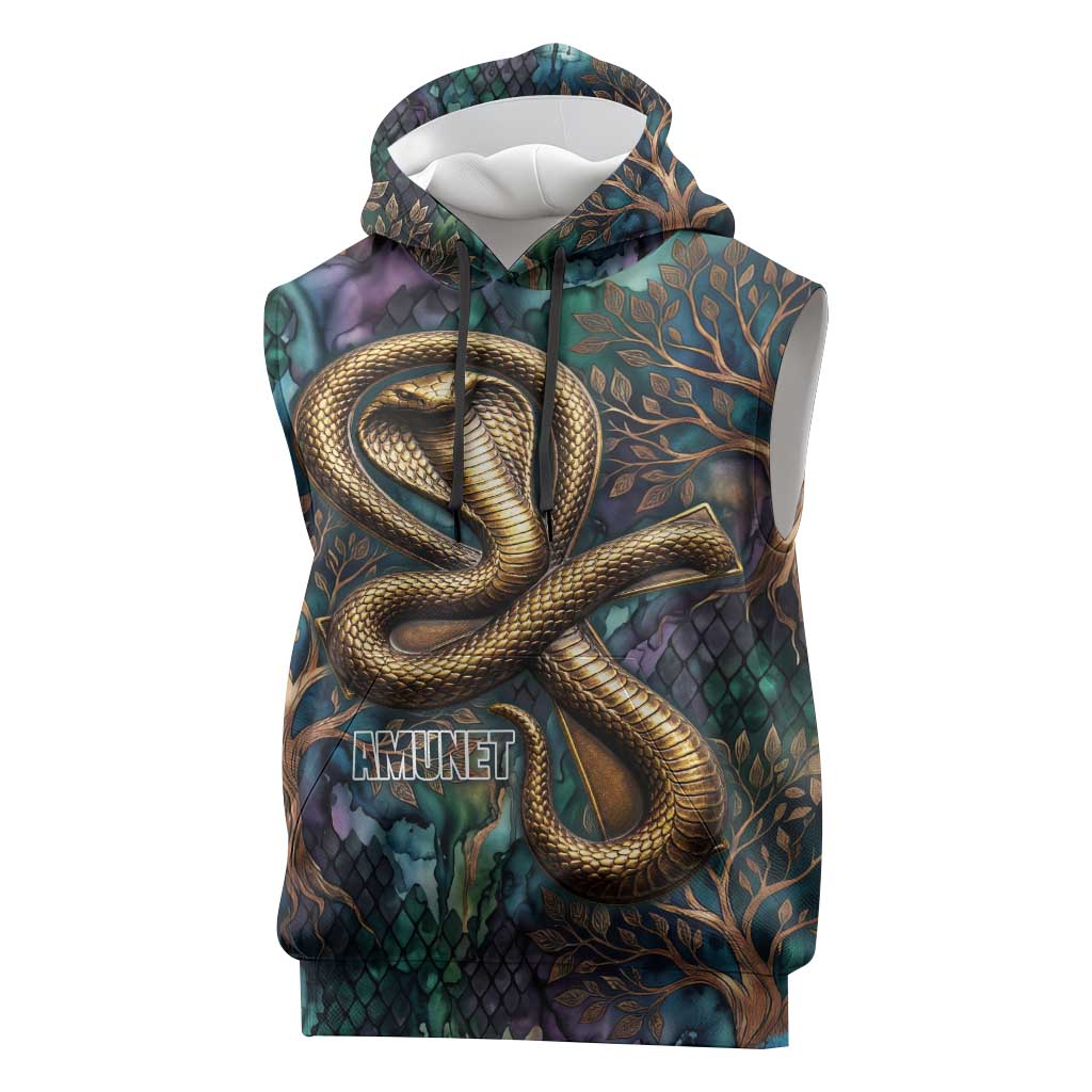 Amunet Ancient Temple Egyptian Sleeveless Hoodie with Golden Serpent Mythology in Teal Tones
