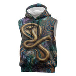 Amunet Ancient Temple Egyptian Sleeveless Hoodie with Golden Serpent Mythology in Teal Tones