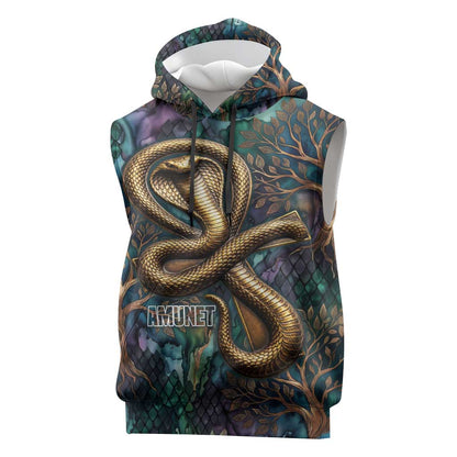 Amunet Ancient Temple Egyptian Sleeveless Hoodie with Golden Serpent Mythology in Teal Tones